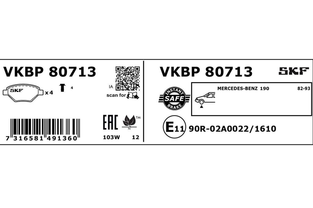 Jeu de 4 plaquettes de frein SKF VKBP 80713